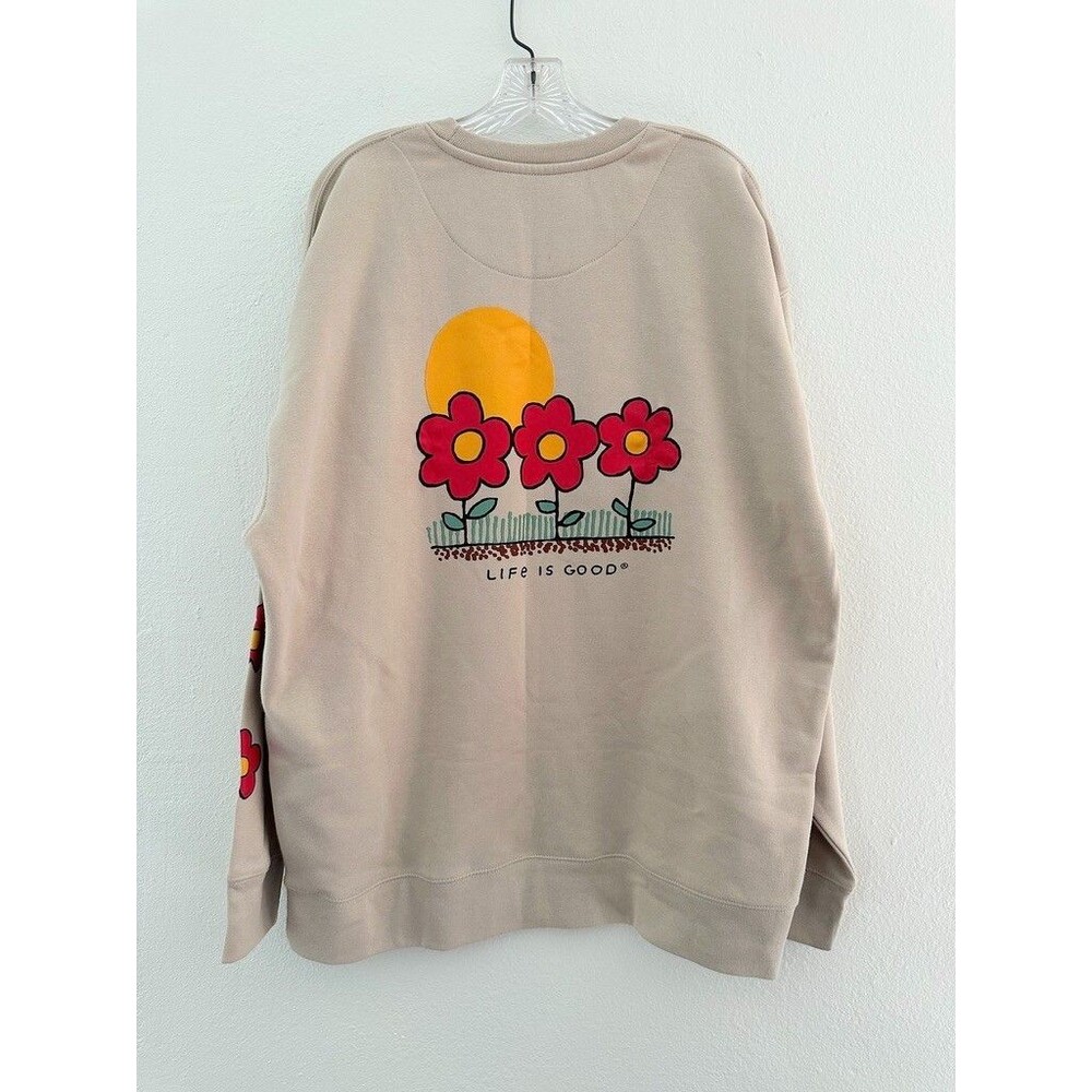 NWT Life Is Good Men's Every Wear Crewneck 3 Flowers Graphic Cotton Tan Large